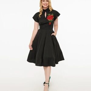 Unique Vintage Black Dress with Red Floral Detail